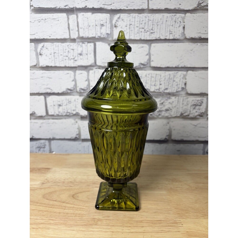 Indiana Glass Green Footed Lidded Candy Dish Diamond Point Pattern Mint Vintage